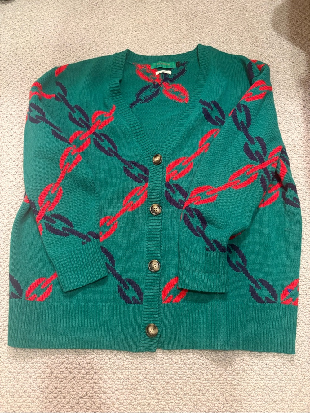 Clare V Green Sweater with Red & Navy Chain Motif